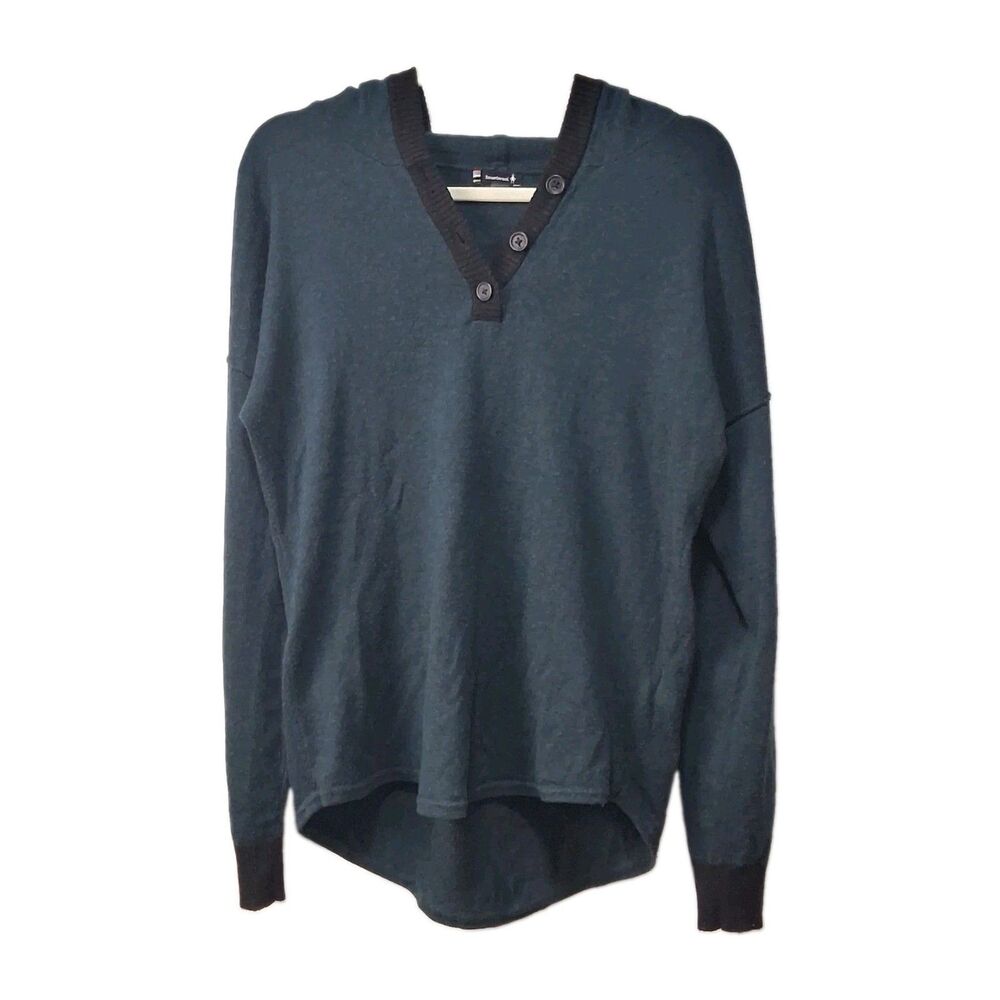 Quiet Luxury Merino Wool Hooded Sweater Women L SmartWool Shadow Pine 3 Button
